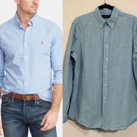 Ralph Lauren Men’s Button Front Top Large Blue Gingham 100% Cotton Horse Logo - Picture 1 of 16
